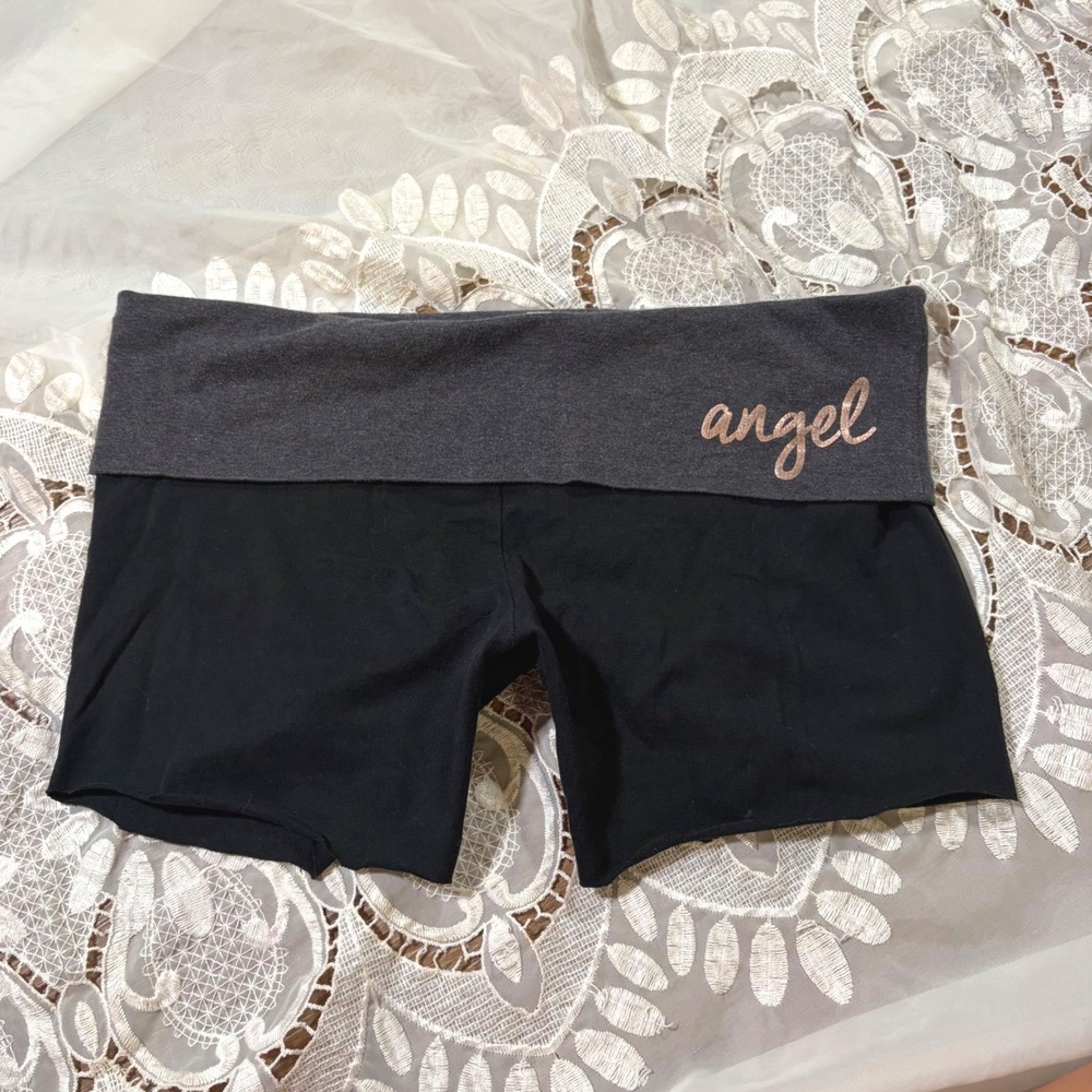 Victorias Secret Angel Yoga Shorts Black Grey Foldover Waist Rose Gold Logo L